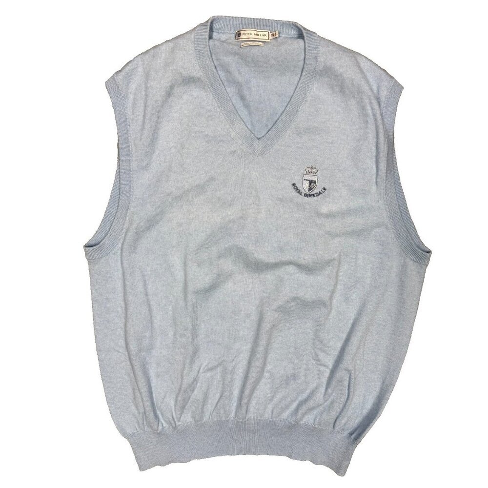 Peter Millar Cotton Cashmere Sweater Vest Knit VNeck Blue Royal Birkdale Golf XL
